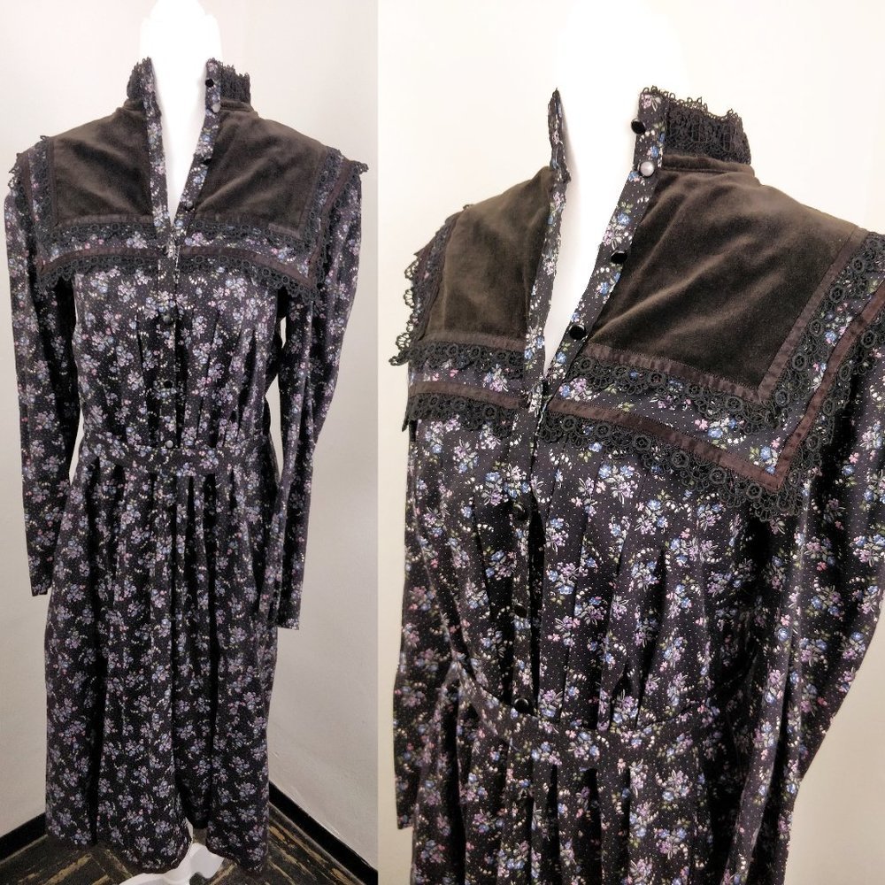 Gunne Sax Black Calico Floral Velvet Button Dress Gunnie RARE Dark moody - Picture 3 of 16